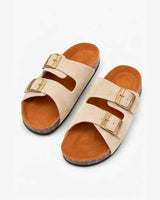 Double Buckle Classic Slides - Beige