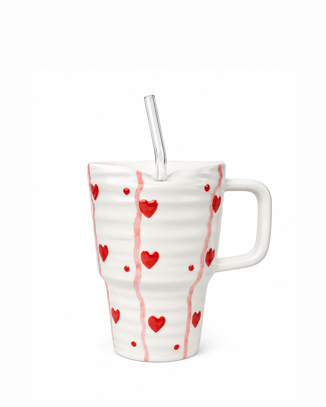 Hearts Ceramic Mug with Glass Straw