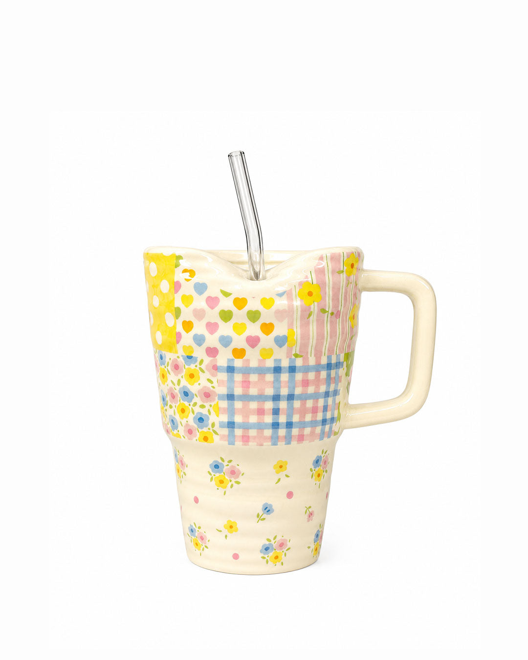 Patchwork Floral Ceramic Mug with Glass Straw