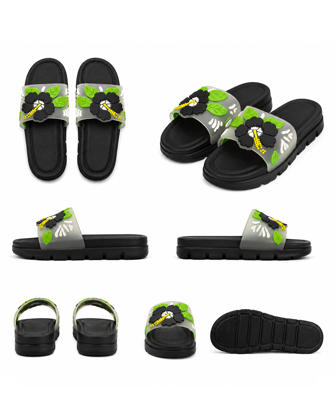 Floral Statement Slippers - Black