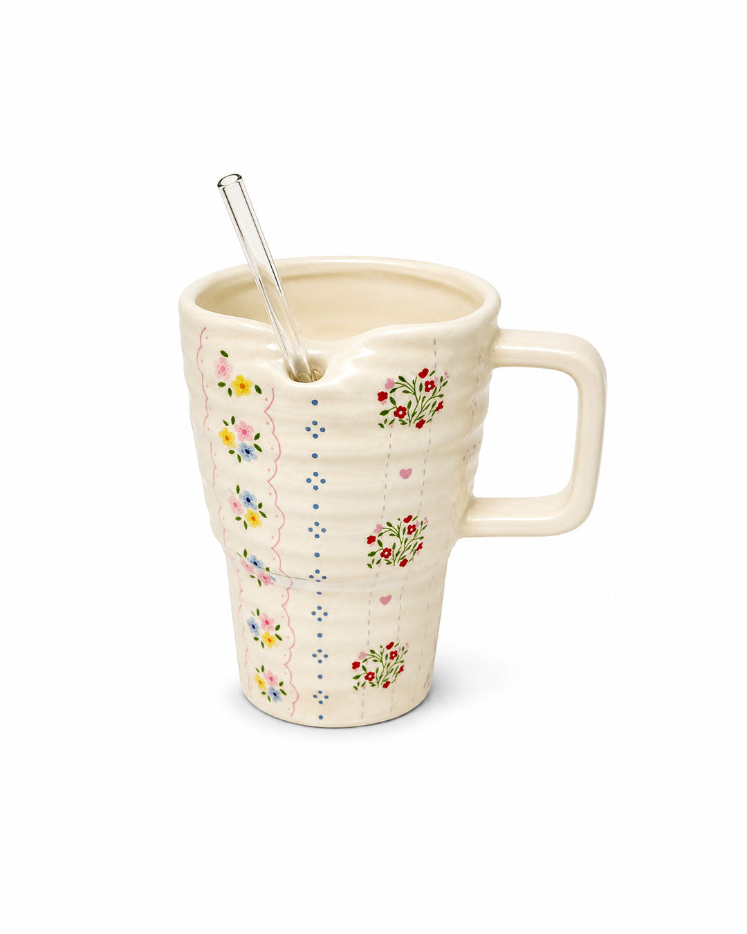 Floral Stitch Ceramic Mug with Glass Straw