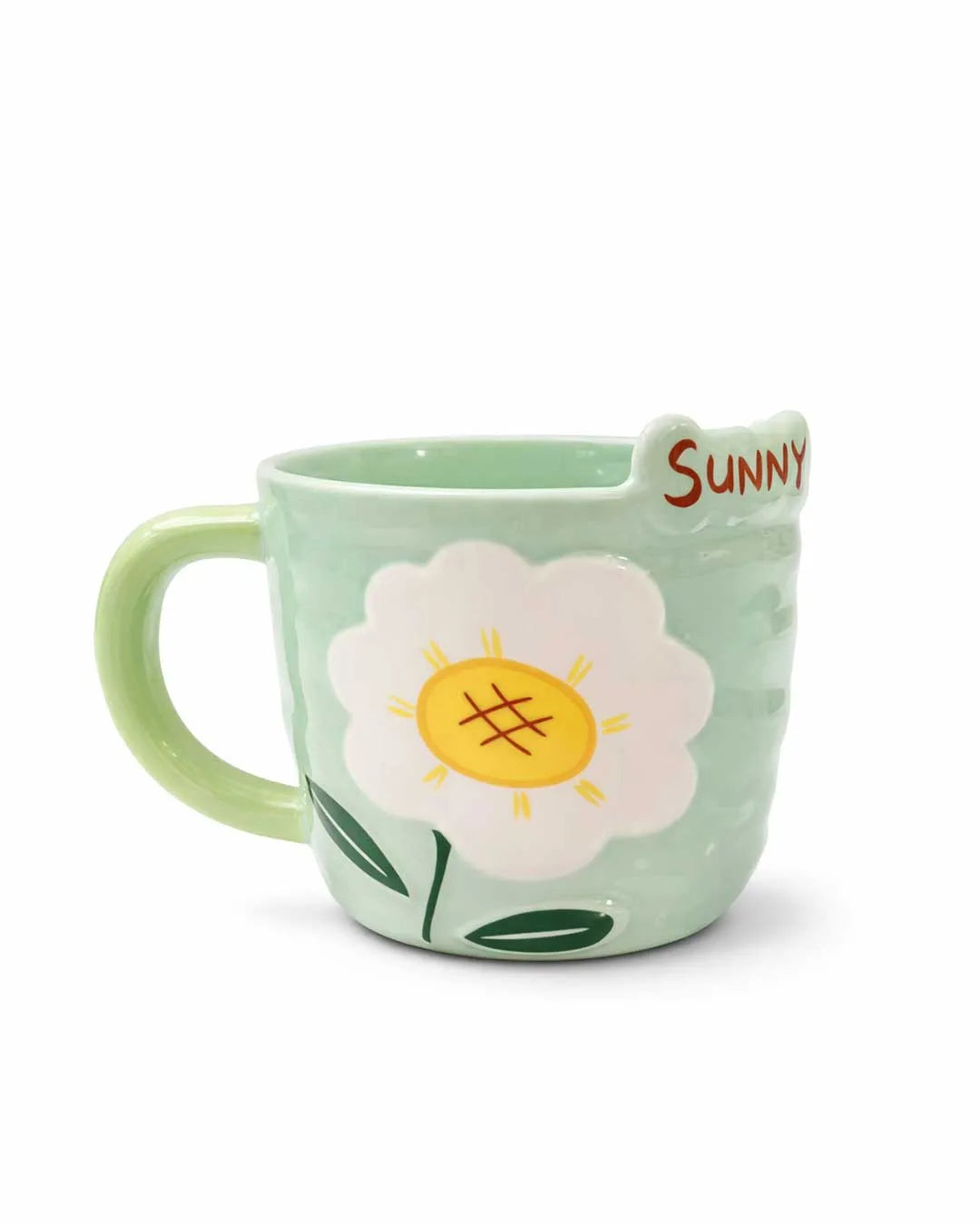 Green mug with a floral design and 'Sunny' text on a white background