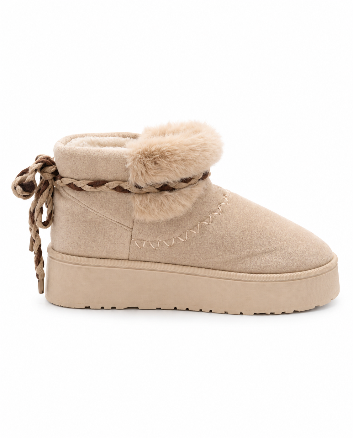 Braided Lace-Up Fur Boots - Beige