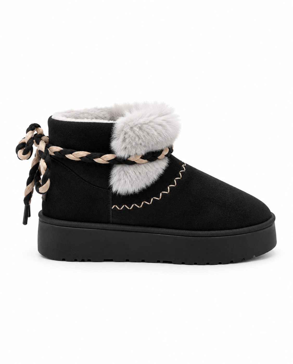 Braided Lace-Up Fur Boots - Black