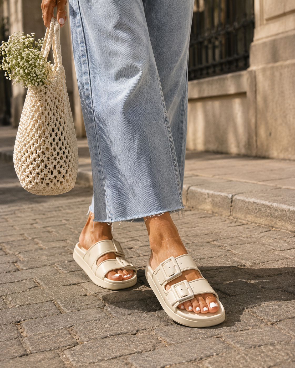 Platform Buckle Slides - White