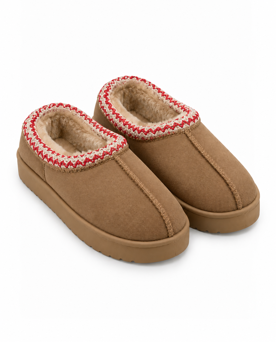 Red Braided Fur Slippers - Camel