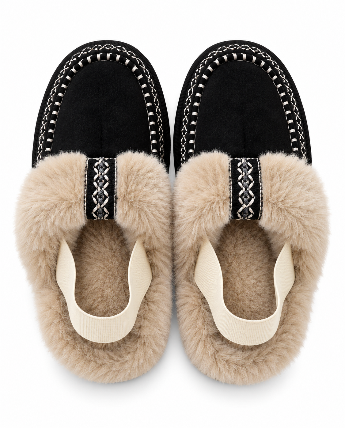 Fur Moccasin Slippers with Elastic Strap - Black