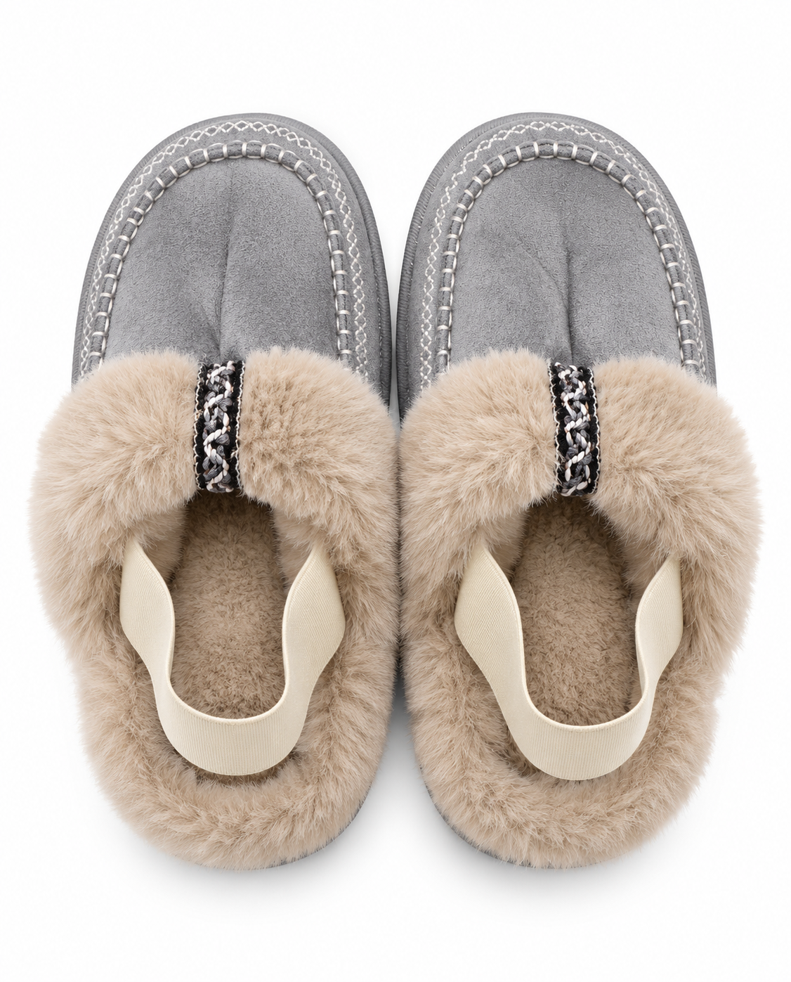 Fur Moccasin Slippers with Elastic Strap - Grey
