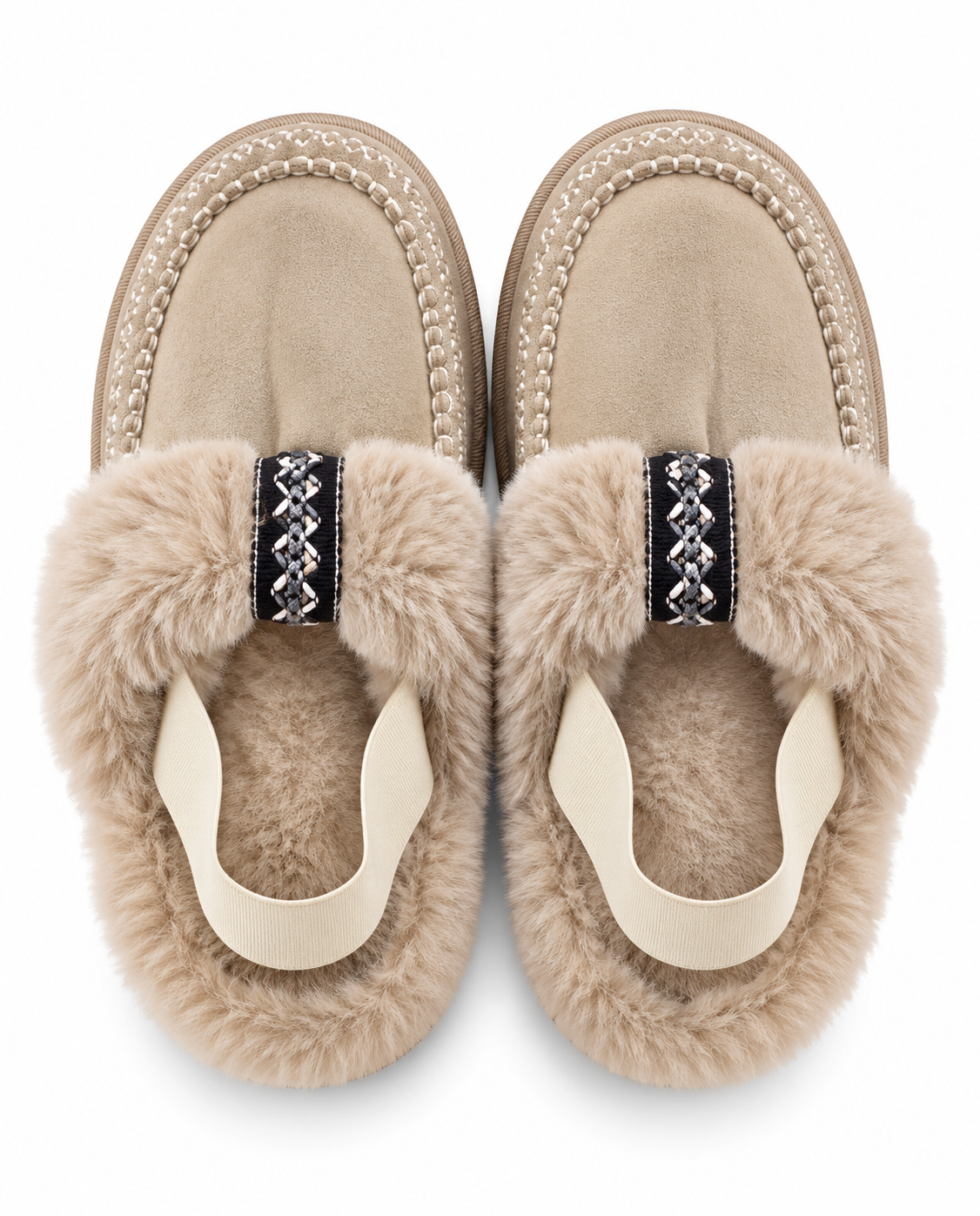 Fur Moccasin Slippers with Elastic Strap - Beige