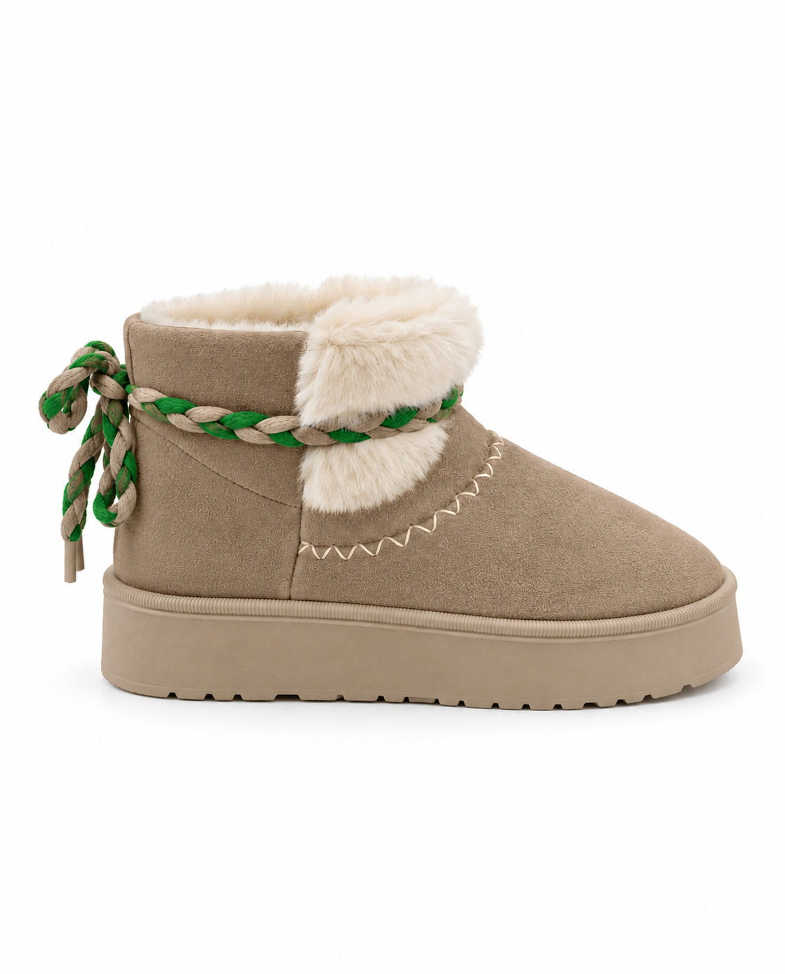 Braided Lace-Up Fur Boots - Dark Beige