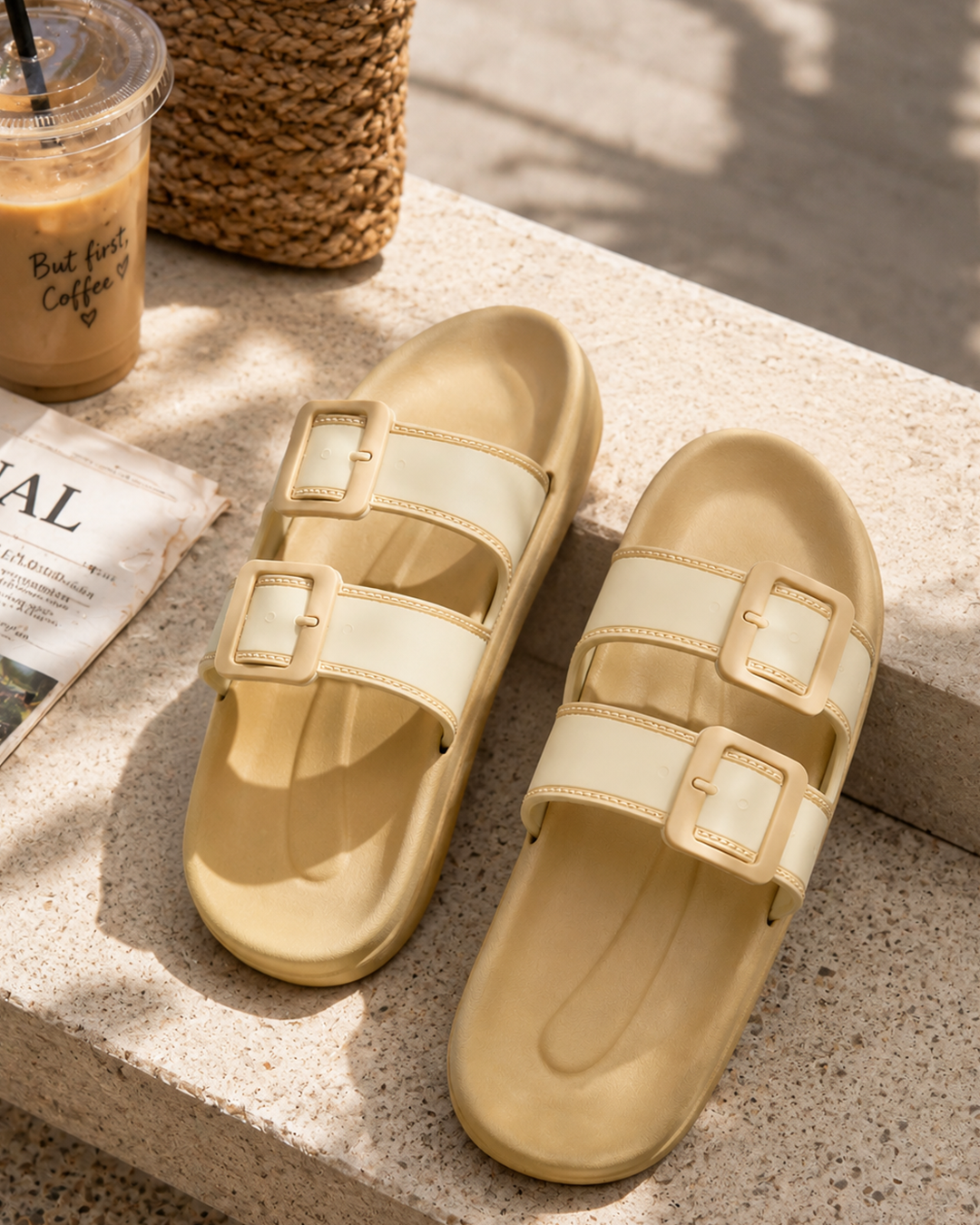 Platform Buckle Slides - Beige