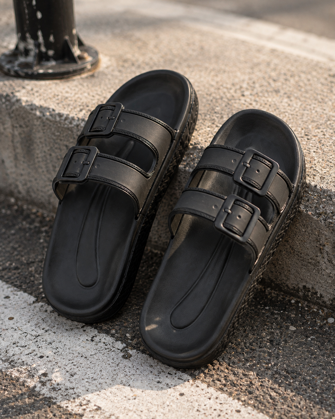 Platform Buckle Slides - Black