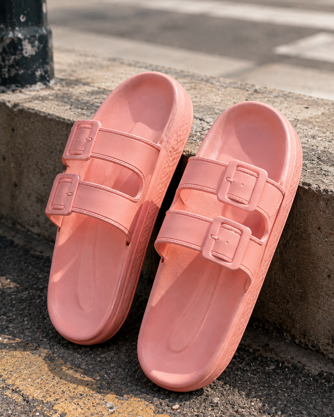 Platform Buckle Slides - Peach