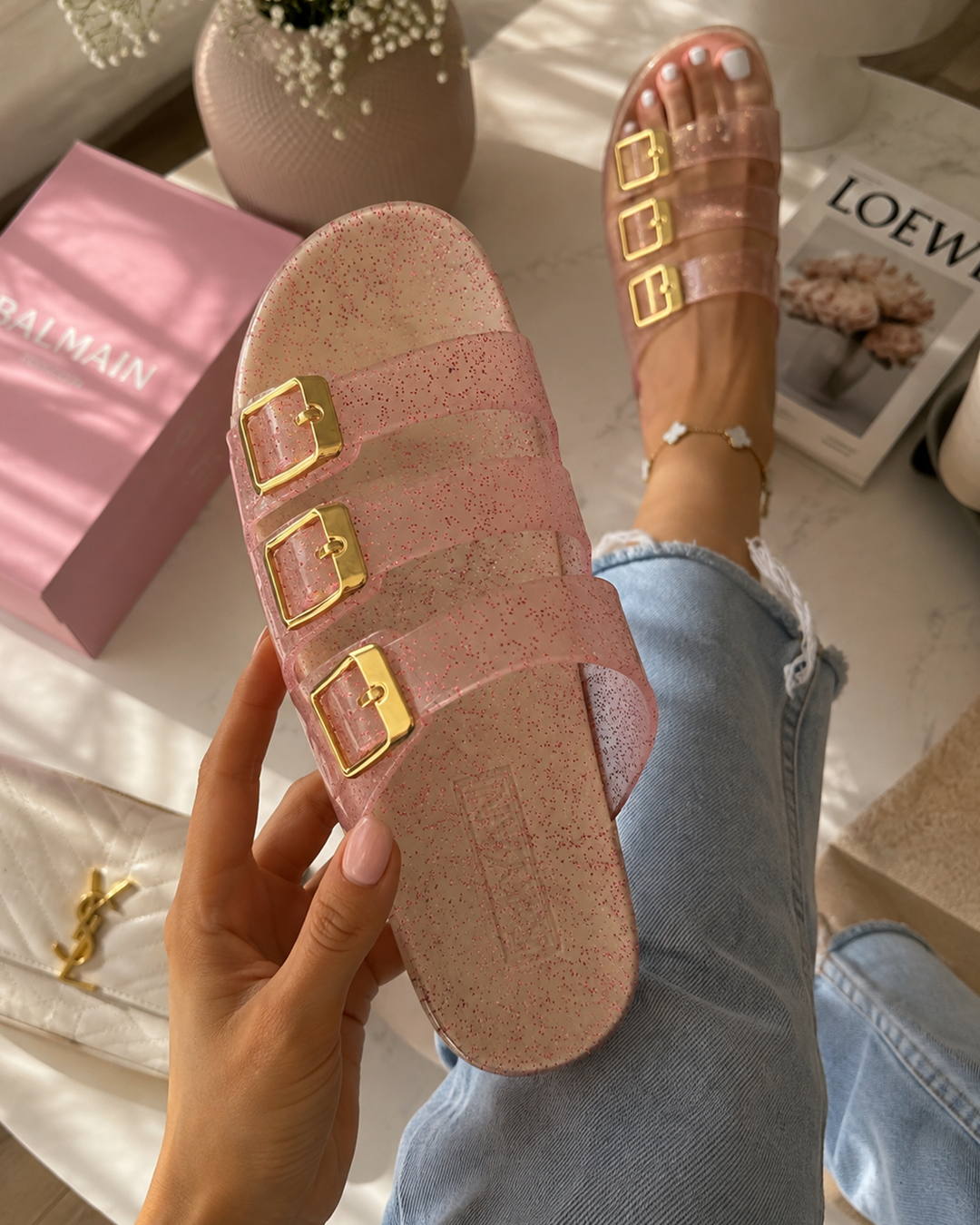 Pearl Buckle Slides - Pink